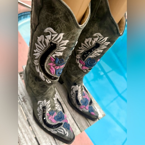 Corral R2523 Horseshoe Rose Flower Embroidery Gray Cowboy Boots Women’s 6.5 - Picture 6 of 10